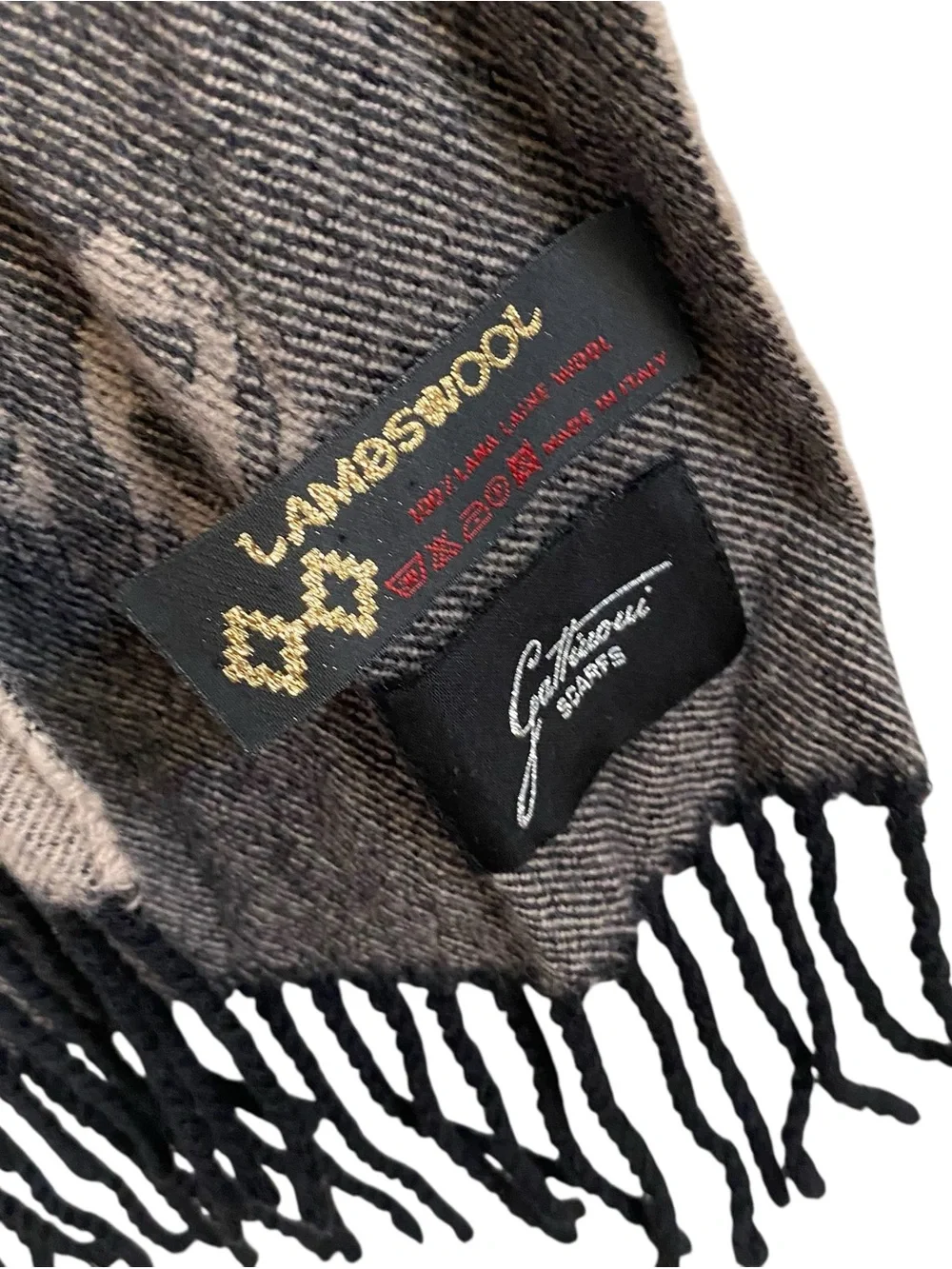 Gattinoni Neutral Herringbone Italian Made in Italy Lambswool Fringe Scarf